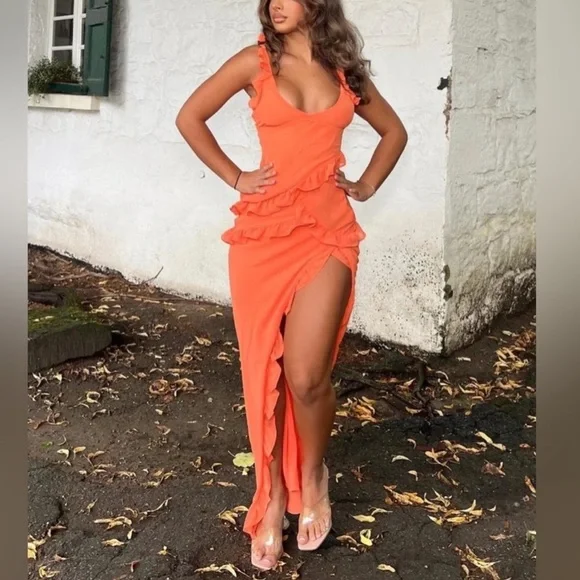 NWT HOUSE OF CB 'Pixie' Georgette Flame Orange Ruffle Maxi Dress - Picture 8 of 10